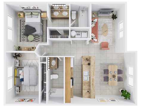 Floor plan for 2 beds, 2 baths, 972 sqft
